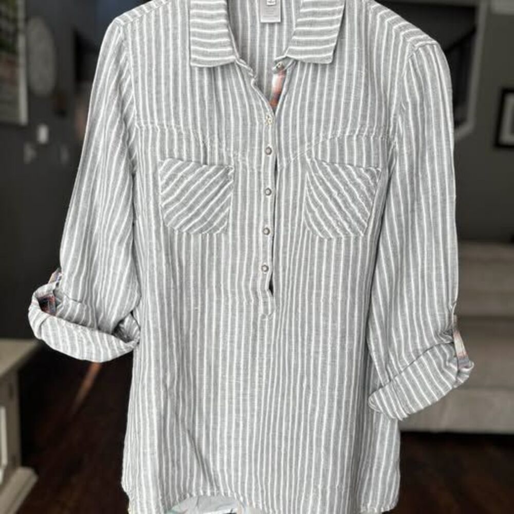 John Mark Size L Striped Cotton Linen Blend Button Down Shirt